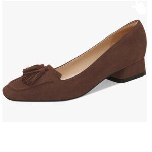 YDN Brown Block Low Heel Loafer Square Toe Tassel Fringe Pump Slip On Dress Shoe